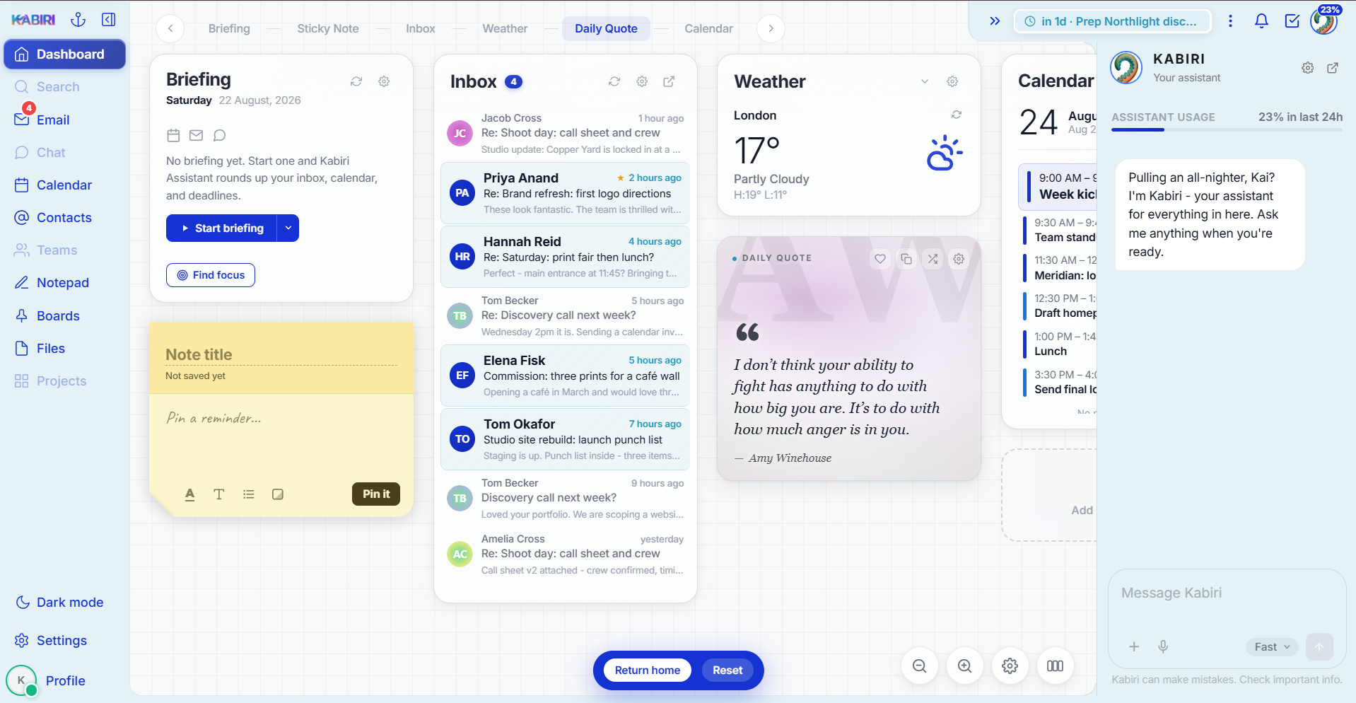 The Kabiri dashboard: email, calendar, notes and team updates side by side in one workspace.